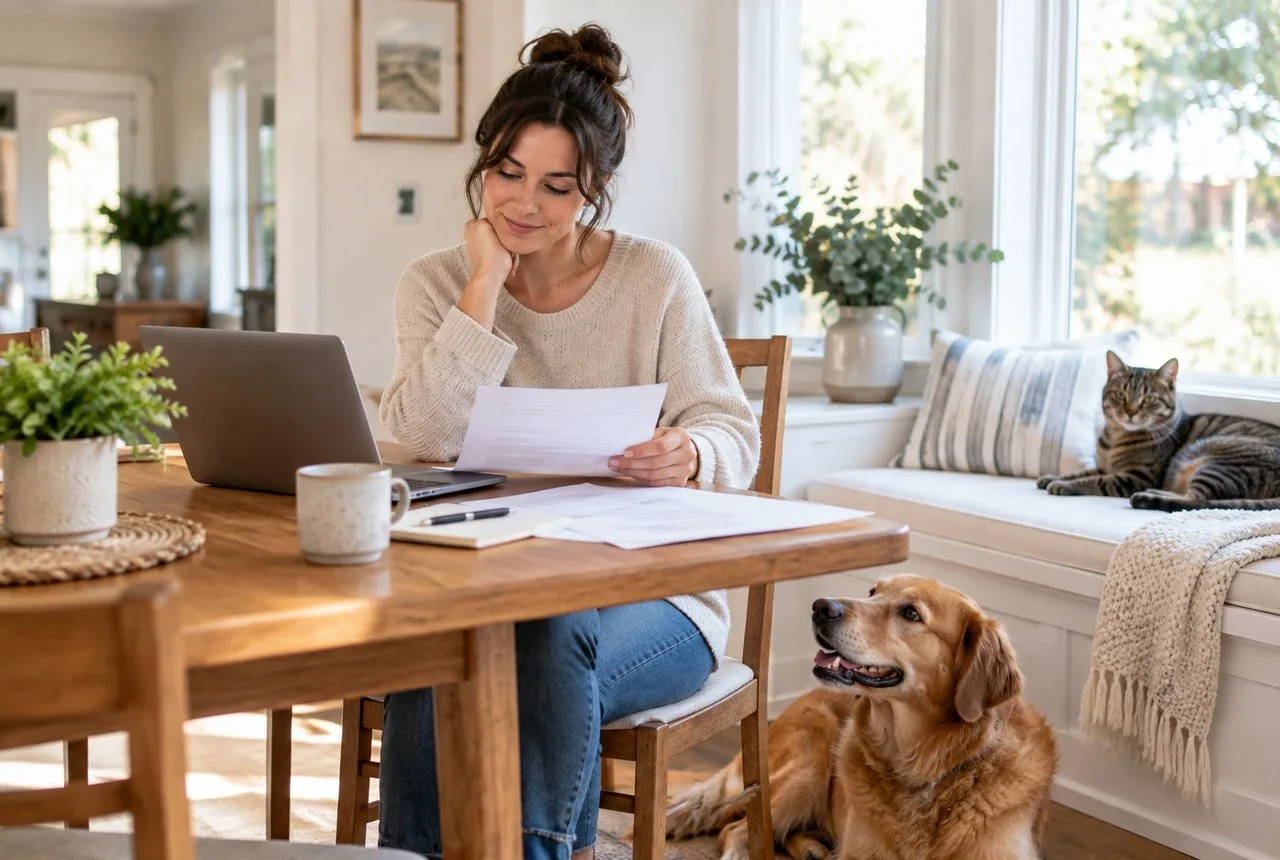 Owner considering paperwork at home with a dog and cat nearby