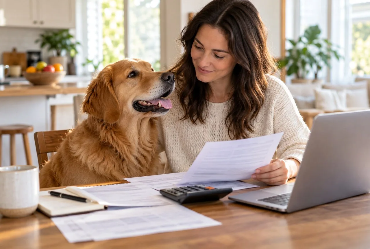 Owner sitting at a table with papers while resting a hand beside a dog